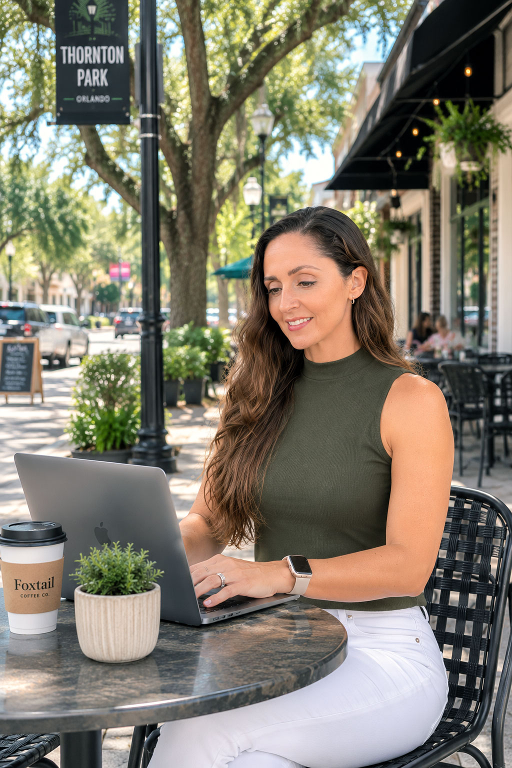 image of Sandy with Studio 239 Design working from an Orlando coffee shop
